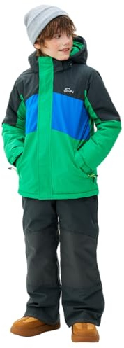 SMONTY Conjunto de Esquí Niños Chaqueta y Pantalones de Esquí de Invierno Correas con Capucha a Prueba de Viento Impermeable Cálido(Verde grisáceo, 10-12)