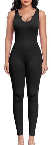 Aerides Mono de mujer acanalado largo sin mangas para yoga, body de una pieza, elástico, bodycon playsuits ajustado, chándal sexy, entrenamiento, deporte, pelele, Negro , M