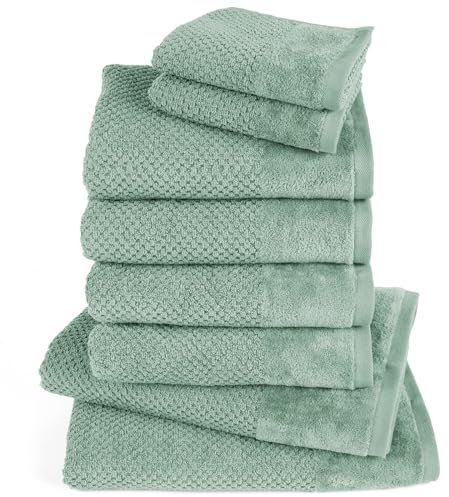 Pure Label 8-TLG. Handtücher Set mit Aufhängeschlaufen aus 100% Baumwolle, saugstark und weich - 2X Badetuch (70x140 cm) 4X Handtuch (50x100cm) 2X Gästetuch (30x50 cm), Grün