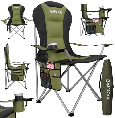 24MOVE® Campingstuhl faltbar bis 150 kg, Faltstuhl Angelstuhl Klappstuhl Gepolstert mit Armlehnen, Getränkehalter + Tasche mit hoher Rückenlehne, Strandstuhl, Klapphocker, grün