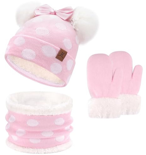 ZASFOU Kinder Baby Mütze Loop Schal Handschuhe Set 0-4 Jahre Thermo Wintermütze Schlauchschal Fäustlinge Kleinkinder Mädchen Baumwolle Strick Pom Mützen Geschenk