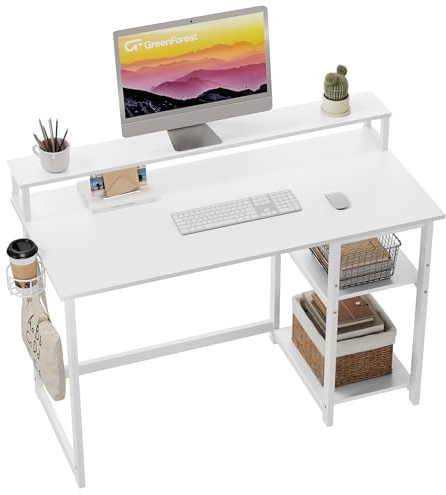 GreenForest Computer Desk with Full Monitor Stand,100 cm Home Office Desk with Reversible Storage Shelves,Small Study Desk with Headphone Hook and Cup Holder,Full White