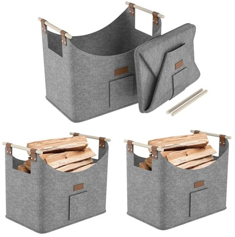 Aufun Lot de 4 paniers à bois pour bois de cheminée, taille XXL, pliable, en feutre extra épais et poignée renforcée, grand sac en feutre pour courses, bois, journaux ou bois de chauffage (50 x 32 x