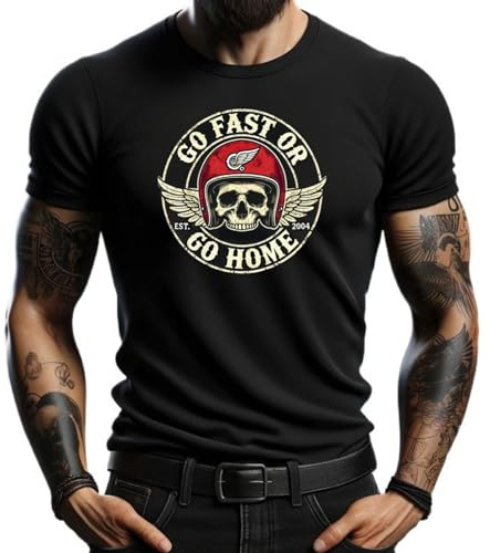 Camiseta Negra Go Fast or Go Home con Diseño de Calavera y Casco - Estilo Biker, Vintage, Manga Corta para Hombre (FR/ES, Letras, L, Regular, Regular, Negro)