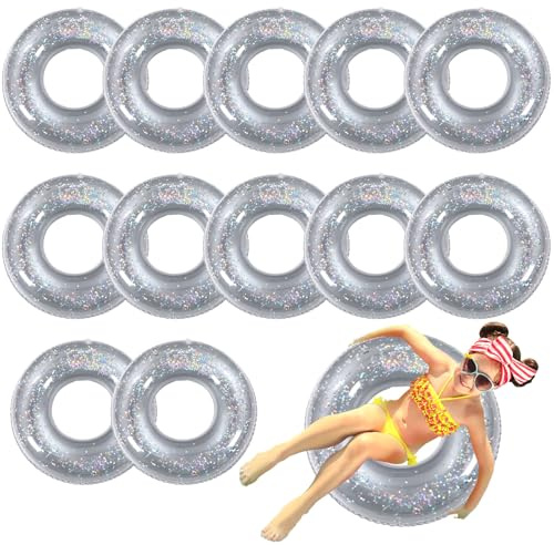 Relaxgiant 12 Pcs Pool Floats Glitter Swim Rings with Sequined Inflatable Pool Float Tube Swimming Ring Toys for Kids Boy Girl Summer Vacation Beach Party Favors Supplies(Silver)