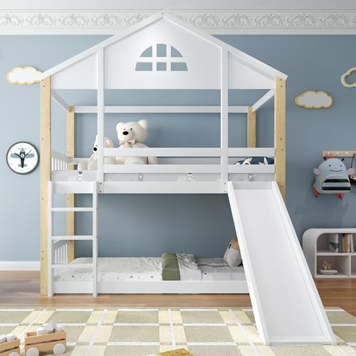 Letto a castello con finestre caratteristiche, scala angolare a tre livelli, lettino con scivolo, recinzioni e protezione anticaduta, telaio in legno massello bianco+naturale