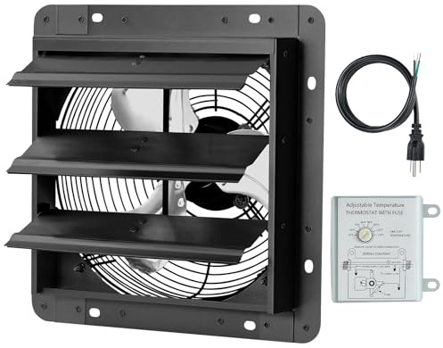 Windigaga Upgraded 12 Shutter Exhaust Fan, 980 CFM High-Speed Wall Mounted Attic Vent Fan with Thermostat, Quiet Cooling Ventilation for Garage, Greenhouse, Attic, Basement, Chicken Coop, Black