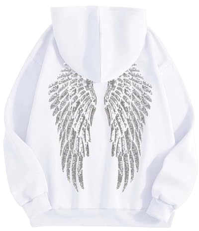 Generico Oversize Felpa con Cappuccio da Donna Elegante E Morbida Felpa con Cappuccio Angeli Stampa Autunnali Invernali Colore Bianco alla Moda Jumper Pullover (1-White, S)