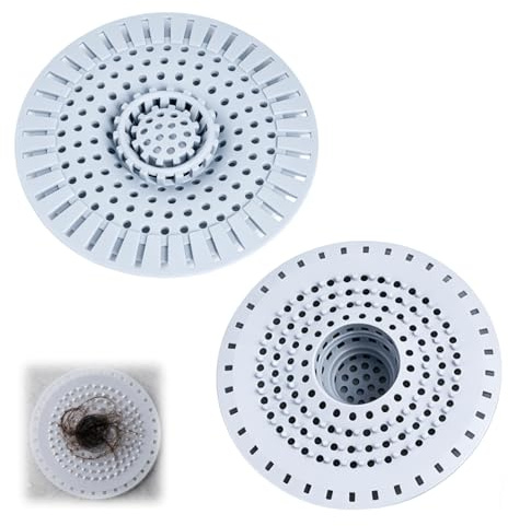 2 Piezas Filtro Pelos Desagüe Ducha – Atrapa Pelos Ducha Silicona con Ventosas, Rejilla Desagüe Anti-Atascos, Filtro Fregadero Cocina Lavabo, Protector Drenaje Recoge Pelos (Gris)