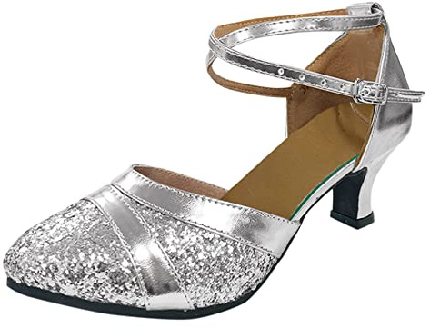 Genérico Sandalias para mujer de salón con brillo artesanal y tacón elegante para baile versátiles para tango y impresión en diseño contemporáneo (Silver, 37)