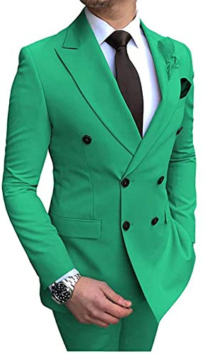 2 piezas de traje regular para hombre, traje de doble botonadura, solapa con muesca, tuxedos para novio, chaqueta y pantalones, traje de negocios, traje de boda, verde, 48