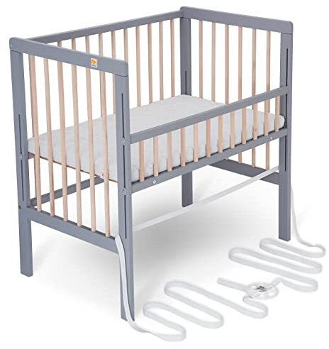 FabiMax Baby Beistellbett für Boxspringbett, TÜV geprüft 2022, Buche massiv grau/Natur, inkl. Matratze Comfort