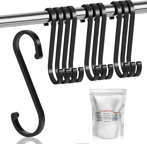 10 PCS Large Heavy Duty S Hooks, 8cm Aluminum S Shaped Hanging Non Slip, Vinyl Coated Multifunction for Kitchen, Bathroom, Office, Hanging Pots and Pans, Coffee Cups (Black, Large)
