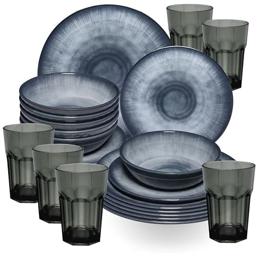 Service de table en mélamine Jesolo Gris pour 6 personnes - 24 pièces - avec verres assortis de 400ml en acrylique Vaisselle de camping Ensemble de vaisselle Vaisselle de table Camping vaisselle