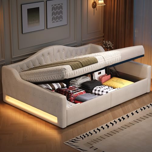 Oxtao Divano letto imbottito 140 x 200 cm, letto matrimoniale con vano portaoggetti idraulico, con luce a LED, letto da giorno per ragazzi con rete a doghe, lino, senza materasso (beige, 140 x 200 cm)