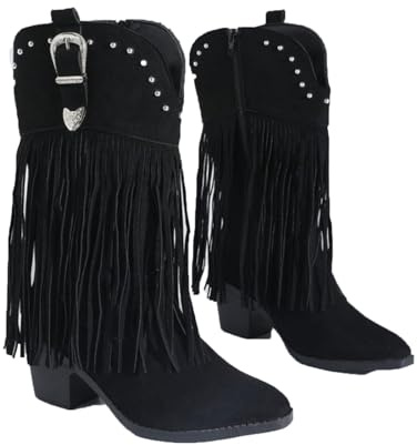 Boots For Women uk Cowboy Autumn Winter Flat Mid Calf Chunky Heel Fringe Boot Mid Length Casual Stylish Plus Size Warm Inside Wide Calf Fashion Cowgirl Booties