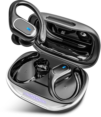 HAOYUYAN Wireless Earbuds Bluetooth 5.3 Headphones with 80H Playback, IPX7 Waterproof Over Ear Buds with LED Power Display for Sports Running Workouts Gray Black