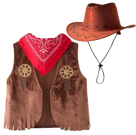 Générique 3 PC Deguisement Cowboy Enfant Costume de Shérif pour Enfant avec Chapeau de Cowboy Gilet Foulard Costume de Carnaval pour Garçon et Fille