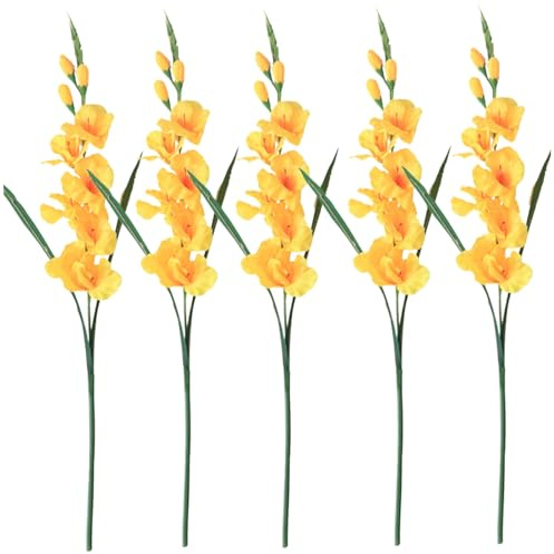 Xweptuy Gladiolus konstgjorda blommor, 5 st, gul, 66 cm | Realistiska 7 blommor och 3 knoppar, falskt grönt med lågt underhåll, perfekt för Hom