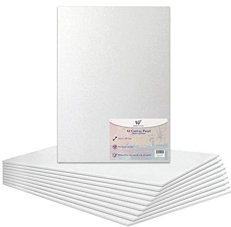 Lot de 10 panneaux de toile vierge A4 100% coton pour peinture à l'huile, peinture acrylique, supports mixtes, sans acide, blanc (format A4 – 210 x 297 mm)