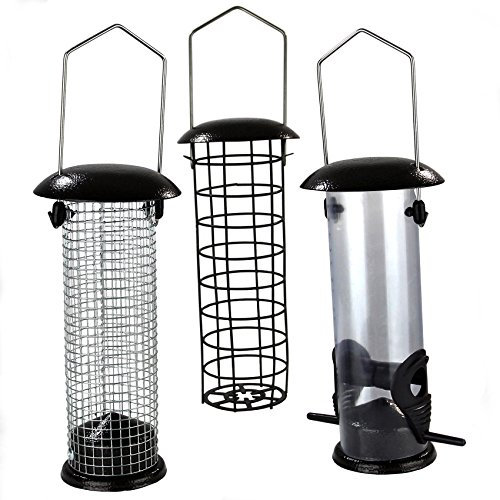 Metal Wild Bird Feeder Set with 3 Designs for Seeds, Nuts and Fat Balls, 23cm Height, Brown