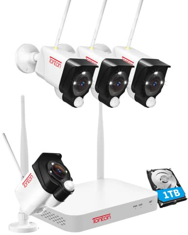 4K WLAN Überwachungskamera Set, 4K 10CH Videoüberwachung mit 4 * 3MP Aussen Außen Sicherheitskameras, Zwei-Wege-Audio, 30M IR/Farbe Nachtsicht, PIR AI Bewegungsmelder, APP Fernzugriff, 1TB Festplatte