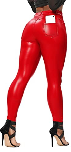 SEASUM Women's Faux Leather Leggings Pants PU Elastic Shaping Hip Push Up Black Sexy Stretchy High Waisted Tights XL