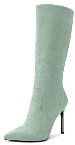 Aachcol Femmes Mi Mollet Bottes Aiguille Haut High Talon Heel Fermé Pointu Bout Fermeture à Glissière Classique 10 CM Turquoise Vert Suède 36 EU