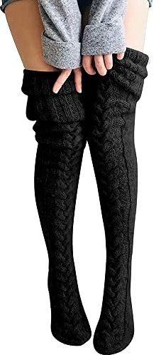 FGFD&OU Damen Strümpfe Strick Overknee Socken Dicke Warme Überknie Kniestrümpfe Trachtenstrümpfe Grobstrick Wintersocken Thermosocken Lange Weihnachtssocken Kuschelsocken für Frauen (Schwarz)