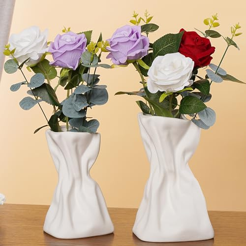 Paper Bag Vase Set of 2, White Ceramic Vases, Flower Vases, Aesthetic Minimalist Boho Vase for Modern Trendy Home Room Table Centerpiece Decor