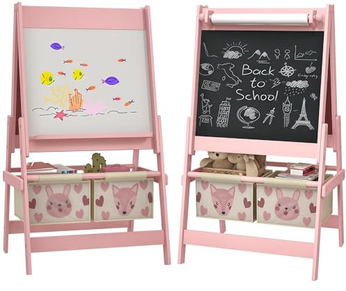 AIYAPLAY Art Easel for Kids with Paper Roll, 3 in 1 Double-Sided Kids Easel for Children, Drawing Board with Blackboard and Whiteboard, Storage Baskets, Pink