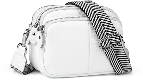 befen Genuine Leather Ladies Cross-Body Bag Over the Shoulder Bag Women White Camera Handbag Crossbody Mobile Phone Bag Purse with Multiple Pockets-White