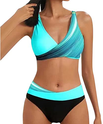 Maillot de Bain Femme 2 Pieces Sexy Col V Vintage Bikini Patchwork Print Outdoor Maillot de Bain Push Up Rembourré Taille Haute Ete Piscine Tankini Nouvelle Habit Femme Pas Cher 05 Bleu L