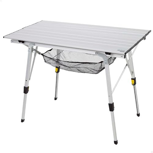 AKTIVE Mesa Plegable, 90 x 51 x 45/70 cm, Patas telescópicas, Topes Antideslizantes, Tablero y Estructura de Aluminio, Soporta 30 kg, Malla extraíble, Camping, Playa, Picnic (63052)