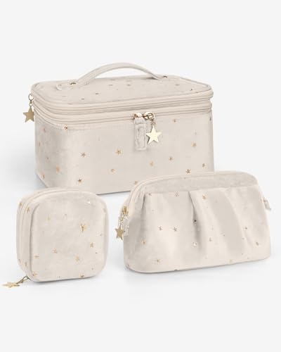 Wedama Makeup Bag, Double-layer Cosmetic Bag with Jewelry Storage and Brush Holders 3 Pcs Velvet Makeup Bag Set Travel Makeup Organizer Bags Portable Cosmetic Case Toiletry Bag for Women Girls, Beige