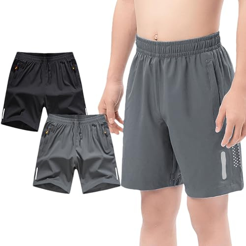Jamron Pojkar set med 2 snabbtorkande sportshorts löparshorts med fickor och reflekterande band för 4–13 år, Svart + grå, 11-12 år
