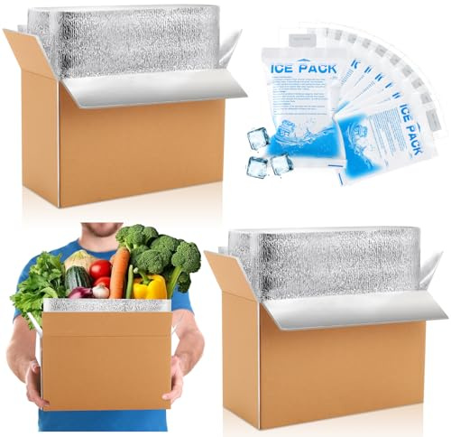 Honoson 2 Pcs Thermal Insulated Shipping Boxes for Frozen Food with Ice Pack and Aluminum Foil Liner for Shipping Big Cold Pack Cooler Mailing Boxes for Moving Hot Frozen Food (12'' X 5.5'' X 7.5'')