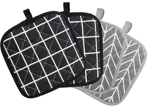 Presine da Cucina 4 Pezzi Presine in Cotone Resistenti al Calore Guanti da Forno Imbottito con Cotone Riciclato 18cm x 18cm per Cucinare e Cuocere (Grigio e Nero)