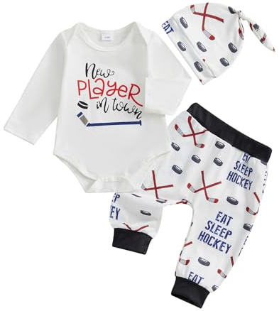 My First Hockey Stagione Baby Boy Abiti Nuovo Giocatore in Town Body Hockey su ghiaccio Pantaloni Jogger Cappello Carino 3 Pz Neonato Autunno Vestiti Welcome Home 3 6 12 18 Mesi, bianco, 6-12 Months
