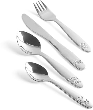 Salter 12-teiliges Kinderbesteck-Set Dinosaurier - 3 x Tafelmesser, 3 x Tafelgabel, 3 x Dessertlöffel, 3 x Teelöffel, Edelstahl, Spülmaschinenfest, Gepresstes Muster, Kleinkindgeschirr, Silber