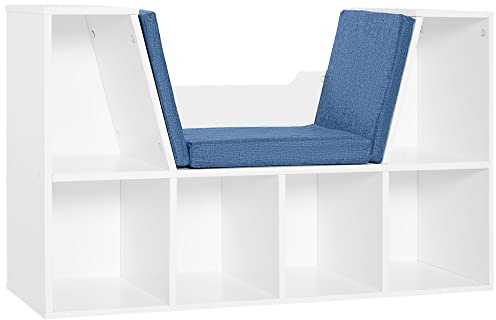 HOMCOM Librería con Asiento, Estantería de Libros con 6 Cubos, Estantería Almacenamiento con Banco con Cojín, Multiusos para Sala de Estar, Oficina, Dormitorio, 102x30x61cm, Blanco y Azul