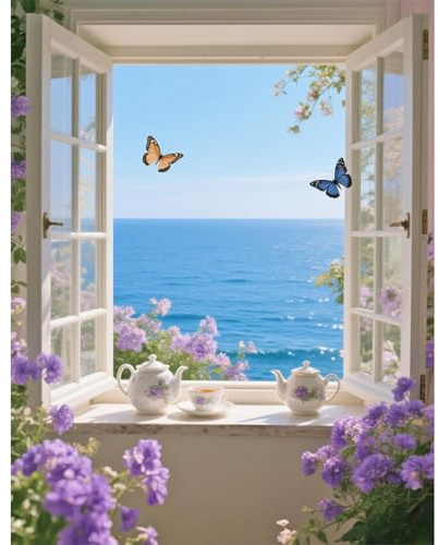TDFERAN Diamond Painting Paysage Bord de Mer 40x50cm Peinture Diamant Fenetre Paysage Canevas Diamant Marin tableau diamant adulte Fleurs Papillon Painting Diamant Fleurs Fenetre Cafetière Vintage