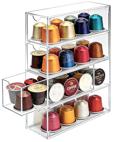 Cajón de almacenamiento para cápsulas de café transparente, 24,7 x 17,6 x 6,6 cm, acrílico con 4 particiones, para Nespresso, Tassimo, Dolce Gusto, Vertuo