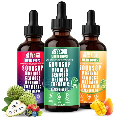 Vyxion Soursop Bitters 10-in-1 Drops with Sea Moss & Ashwagandha | Ultimate 3-Pack: Original, Tropical Mango, Mixed Berry | 6 Fl Oz Total | Vegan, Non-GMO