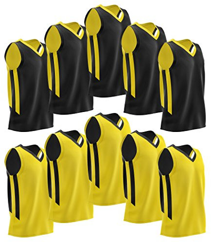 10-Pack Men's Reversible Custom Basketball Jerseys, Mesh Athletic Sleeveless Shirts Blank Team Scrimmage Pinnies Uniforms Set (Black/Yellow)