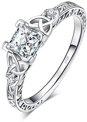 JewelryPalace Vintage Celtic Knot Engagement Rings for Women, White Gold Plated 925 Sterling Silver Cubic Zirconia Promise Rings, Anniversary Princess Cut Solitaire Simulated Diamond Ring Jewellery