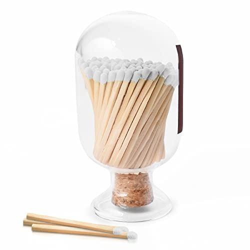 Atzi Hats Glass Match Holder with Striker – Includes Fancy Matches in Cloche Jar – Decorative Christmas Gift for Home or Fireplace - White, 250 ml