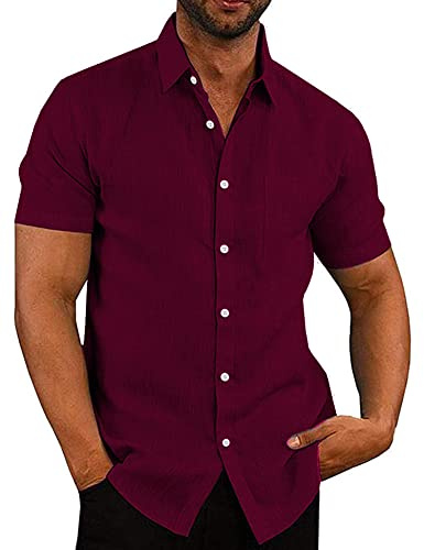 COOFANDY Men's Button Down Shirts Short Sleeve Casual Summer Beach Vacation Wedding Shirt with Pocket Wine Red