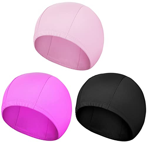 3 Pcs Kids Polyester Swim Caps Fabric Swimming Hat for Kids Flexible Nylon Long Hair Bathing Cap for Girls and Boys(Plain Pattern,Black, Rose Red, Pink)