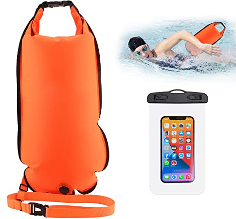 Bouée de Natation,Flotteur Tractée de Natation Chambres à Air Doubles Sauvage 20L et Étui de Téléphone Étanche,Sac Sec Remorquage Gonflable,Nageurs En Eau Libre Triathlètes Entraînement Accessoires